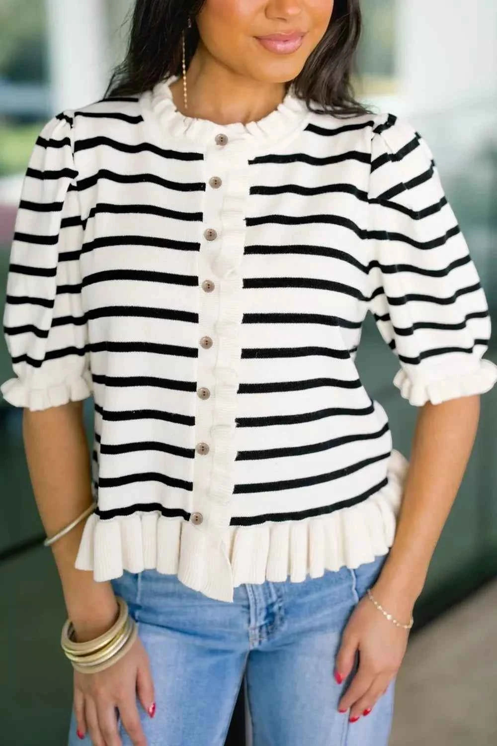 Stripe Ruffle Trim Button Down Knit Short Sleeve Sweater Cardigan